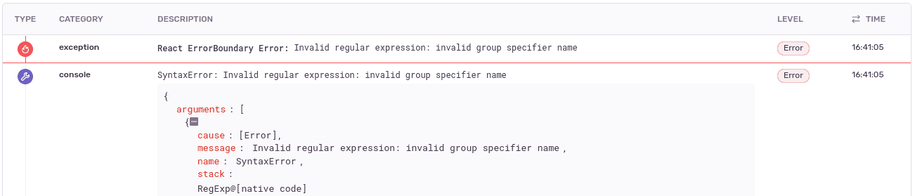 sentry Invalid regular expression